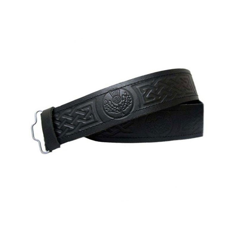 Black Leather Thistle Embossed Kilt Belt Velcro Adjustable